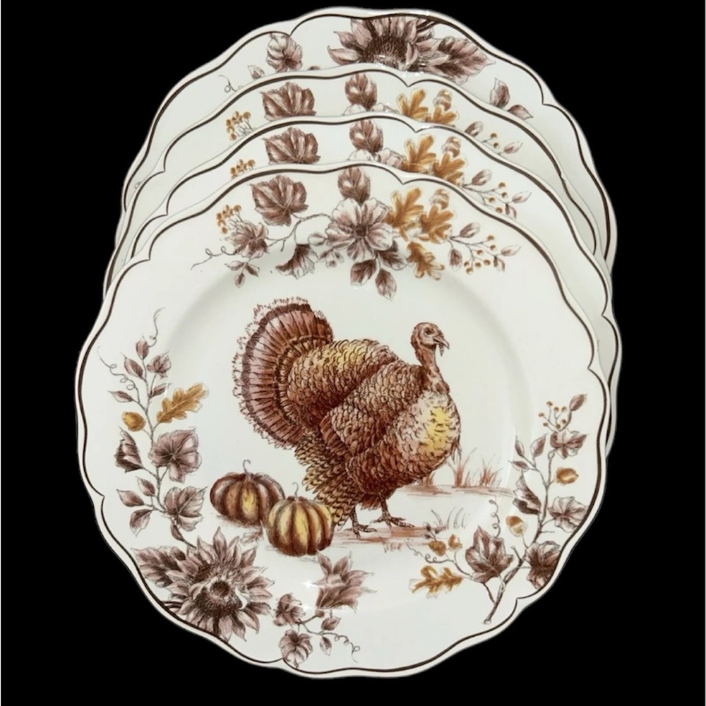 SET OF 4 MAXCERA THANKSGIVING FALL TURKEY PUMPKIN TOILE DINNER PLATES NEW